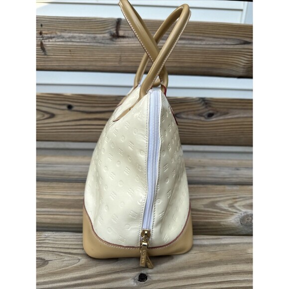ARCADIA Italy Patent Leather handbang Cream W Gold tone Zip Logo Tan Handles & B - Picture 6 of 11